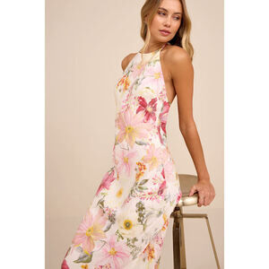 Lulus Sidney Ivory Multi Floral Halter Maxi Dress White - Size S